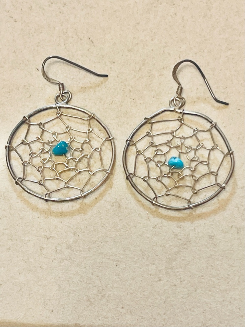 VTG Southwest Sterling Silver Turquoise dream catcher dangle Earrings